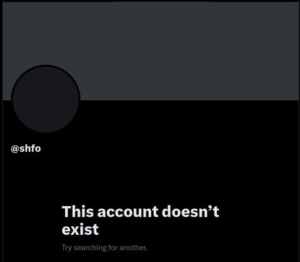 Screenshot of a Twitter profile @shfo with the text "this account doesn't exist"