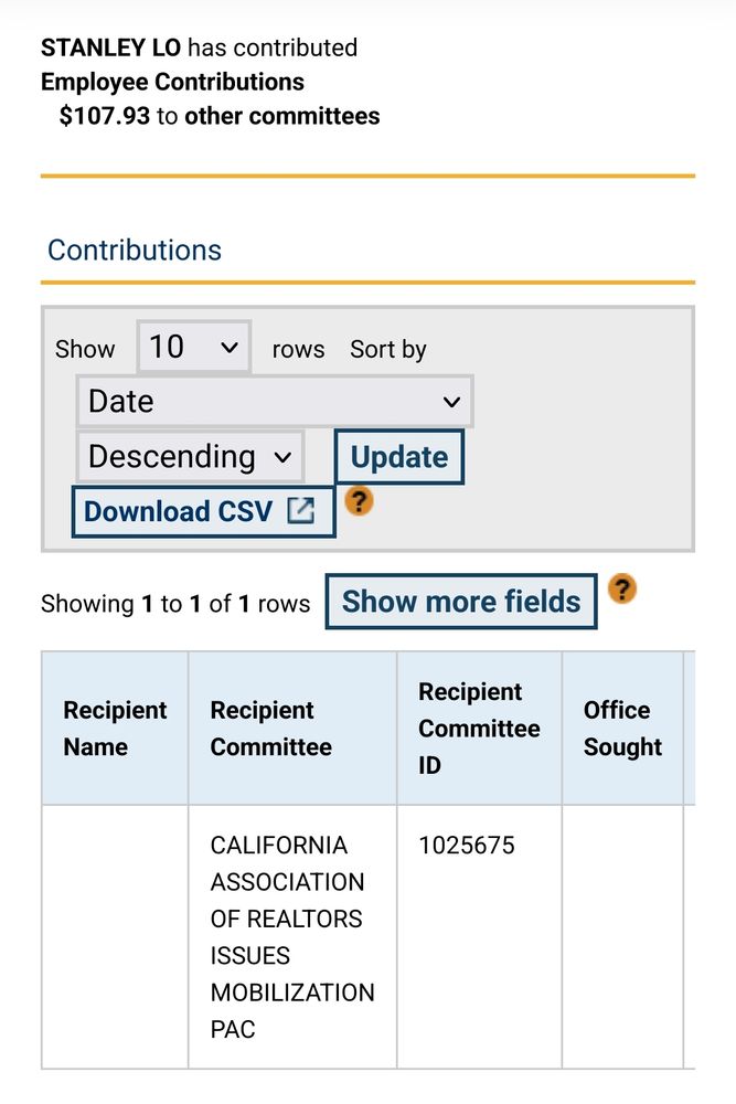 Search on https://powersearch.sos.ca.gov/ showing one donation of $107.93 from Stanley Lo to the California Association of Realtors in 2018.