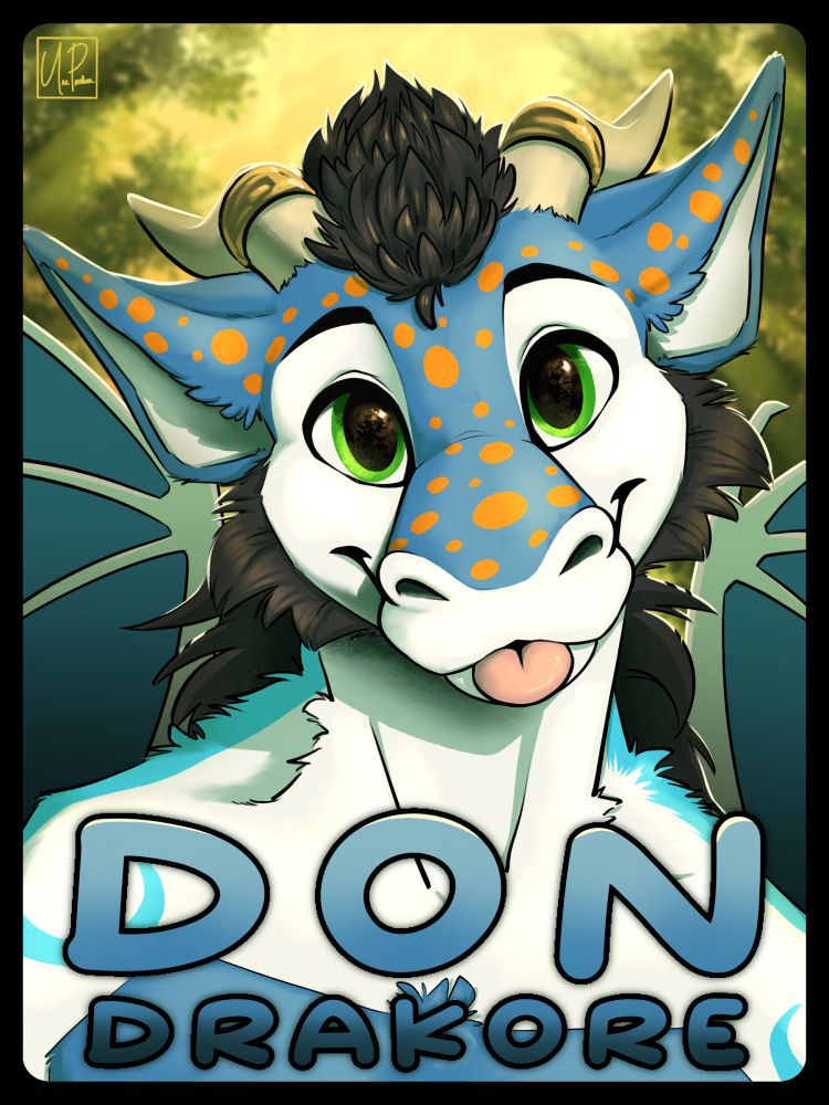 A portrait badge of a white dragon with dark blue markings with orange spots and green eyes. He is smiling with a blep. The name Don Drakore is written across the bottom of the badge.