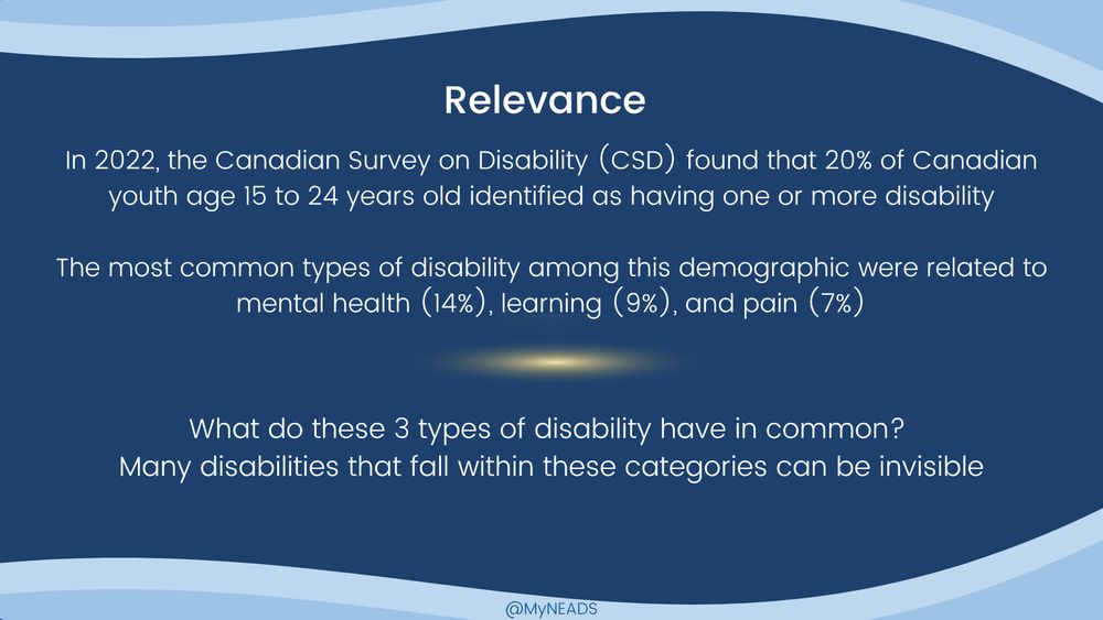 Dark blue background with white text that reads: "Relevance; In 2022, the Canadian Survey on Disability (CSD) found that 20% of Canadian youth age 15 to 24 years old identified as having one or more disability; The most common types of disability among this demographic were related to mental health (14%), learning (9%), and pain (7%); What do these 3 types of disability have in common? Many disabilities that fall within these categories can be invisible". @MyNEADS is at the bottom.
