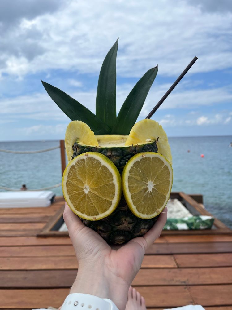 Pineapple with orange slice eyes, pineapple slice ears, pineapple leaf hair, and a straw. Deck and sea in background. 
