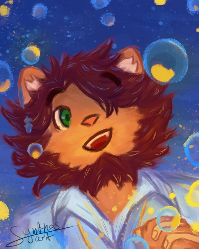 A anthromorphic lion named Oz from the game called Tokyo After School Summoners holding your hand with bubbles surrounding you both as light shines from somewhere