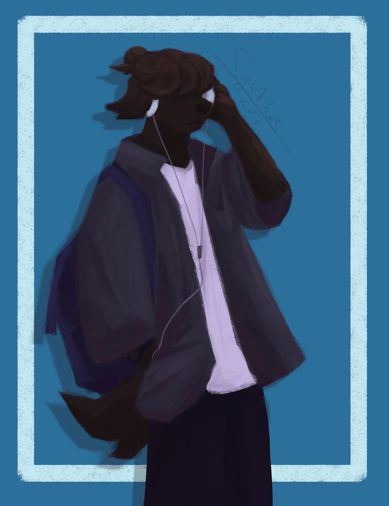 A tall anthromorphic dog wearing a large jacket that's tugging at his headphones because he though he heard someone call for him
