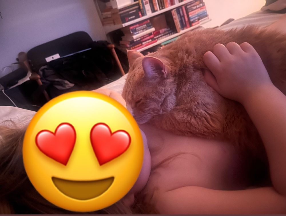 Ett sovande barn med en röd bondkatt som ligger och sover på hennes bröstkorg.