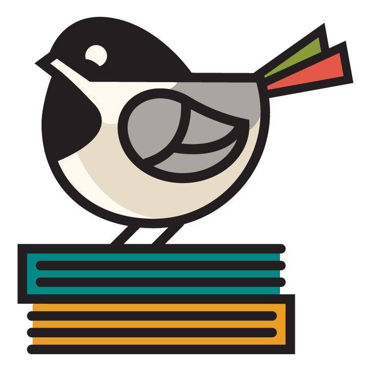 A logo of a chickadee facing left atop two books