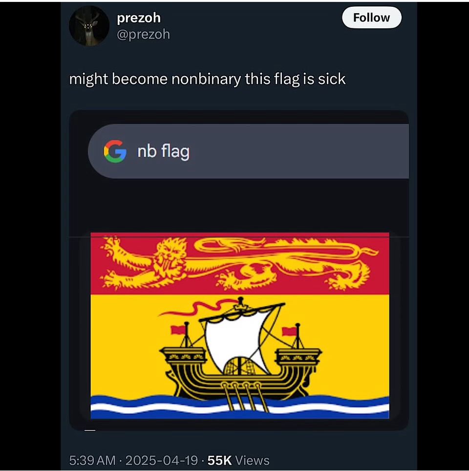 Tweet by user @prezah showing a Google search for “nb flag” with the result of the flag for the Canadian province of New Brunswick, which features a lion above a ship at sea.