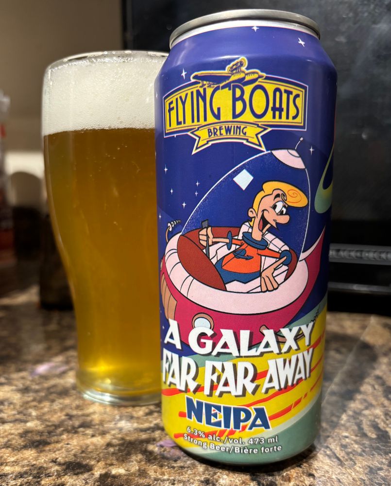 A beer can with a cartoon  logo of a character looking like George Jetson