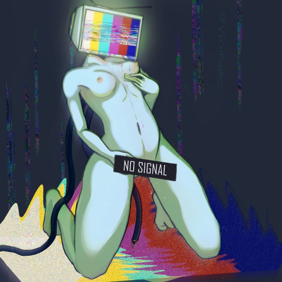 A slightly greenish-hued, slim nude feminine figure on her knees in a static RGB-glitching puddle, fondling one breast. Her head is a vintage TV with bunny antennas, tilted slightly to the right as if gazing at the viewer, the screen the color RGB error with static across it, the RGB colors drip from the screen down her breast, following the curve towards her abdomen. There are thick wires coming from her back, one off screen the other cut.