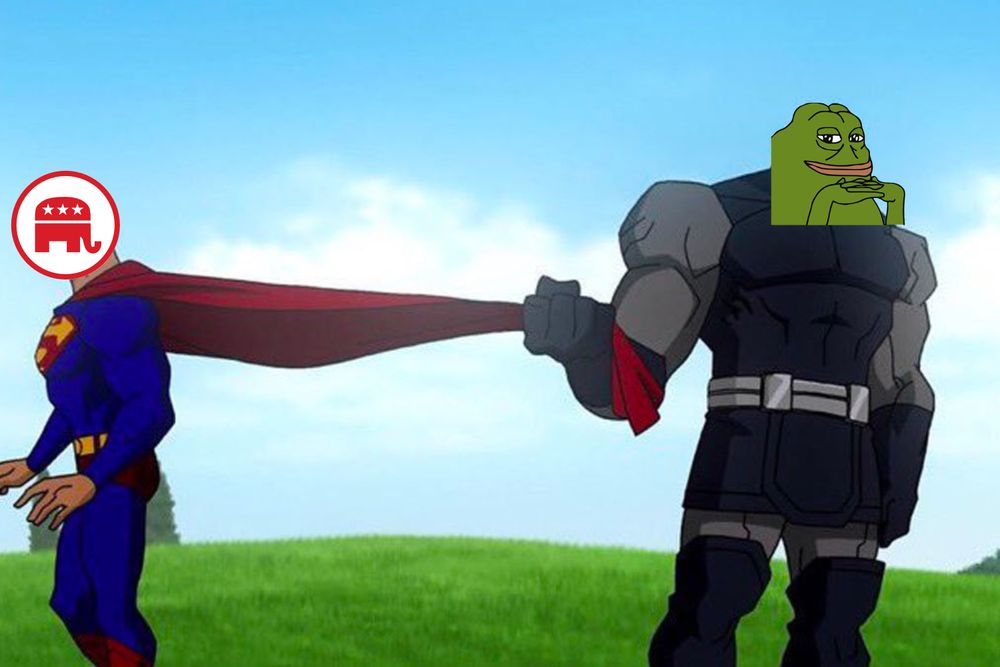 Edit of the Darkseid pulling Superman meme, symbolising the GOP on their way to blame trans people for the shooting only to be stopped by the fact Tyler Robinson was a white groyper.