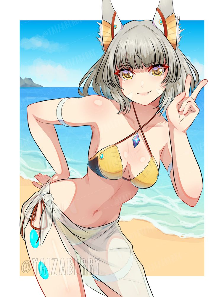 Nia (XC3) wearing a bikini and sarong based on her Hero outfit