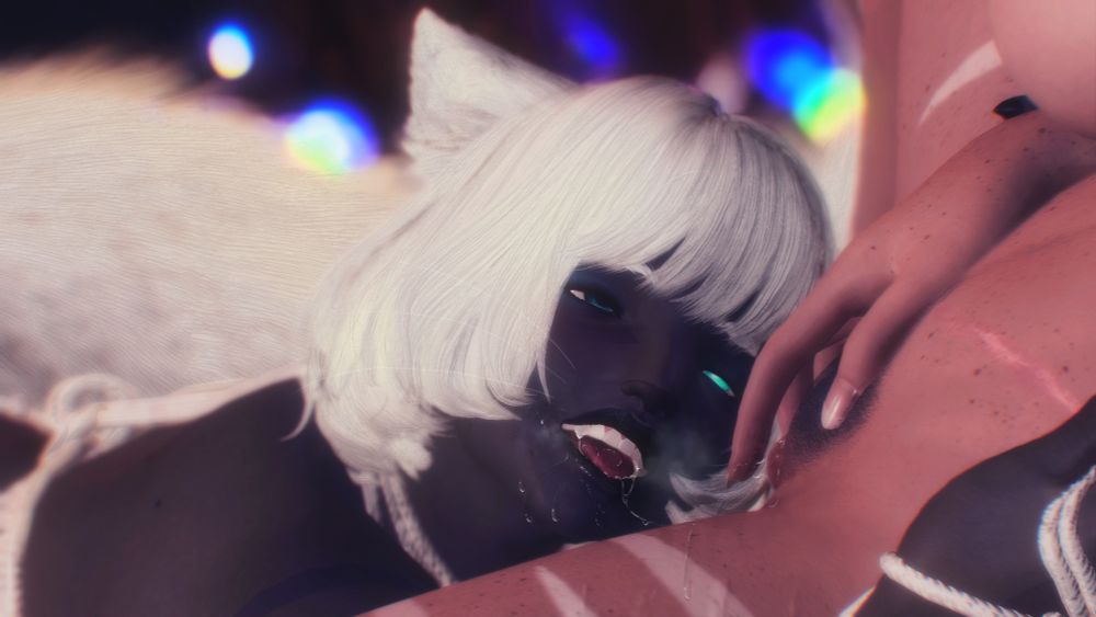 Eirlys briefly pauses from eating Kiht out, her breath heavy and her eyes looking up at them adoringly. Her mouth and chin are sticky and wet, strings of saliva and pussy juice leading back to Kiht. She is wearing a rope harness but is currently unrestricted.