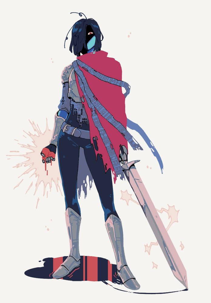 Kris, from Deltarune, wielding their sword across the floor next to a blood puddle that comes from The Soul, which they're holding with their left hand.
They're standing in a menacing attitude, face covered in darkness with their eye shining through, looking at the viewer.
Sparkles are coming out of the sword and The Soul.
All it's set on an off-white background.