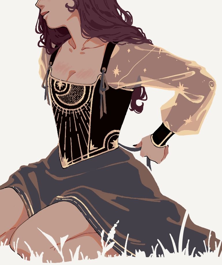 My OC, Mila, sitting on grass and tying her dress on a white background. The corset is black, has celestial imagery, and the skirt is long enough to cover her legs, despite showing her knees. The sleeves are made of golden tulle with stars.