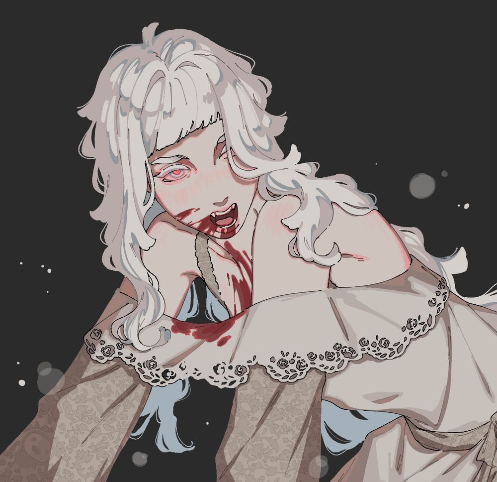 My OC, Bella, hunched over [something] with blood all over her clothes. She's albino with bloodshot eyes, and damaged hair. She's wearing 1800s pajamas with floral patterns on both its sleeves and cloth belt, and an over the shoulder ruffle.