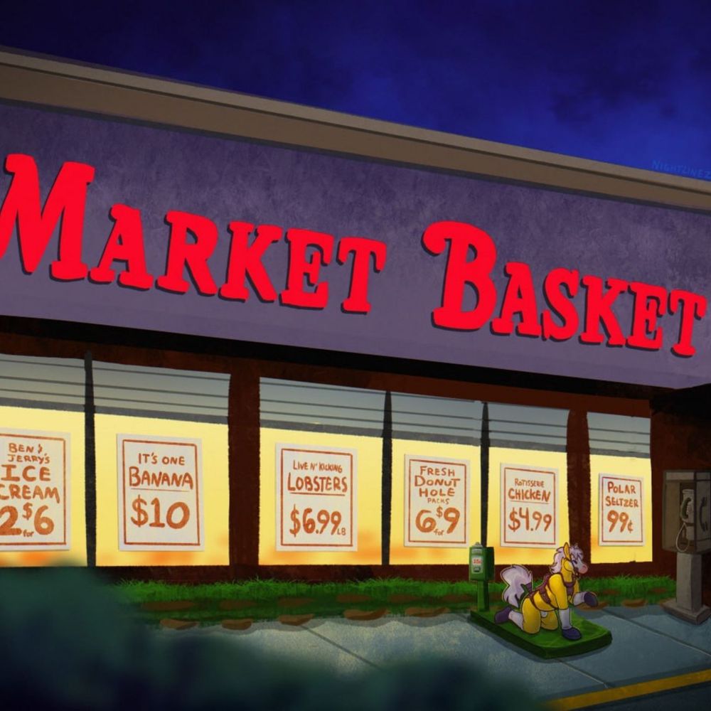 Artwork by NightlineZ of market basket and a horse tied up outside.