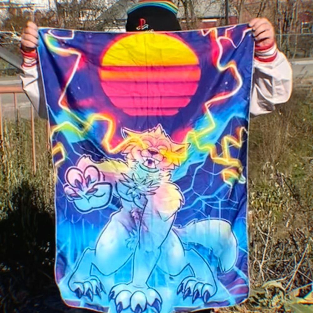 Tapestry by NightlineZ of a wold reaching for the camera with lighting shooting out of hits eyes. It is styled in a retro 80s color scheme. 