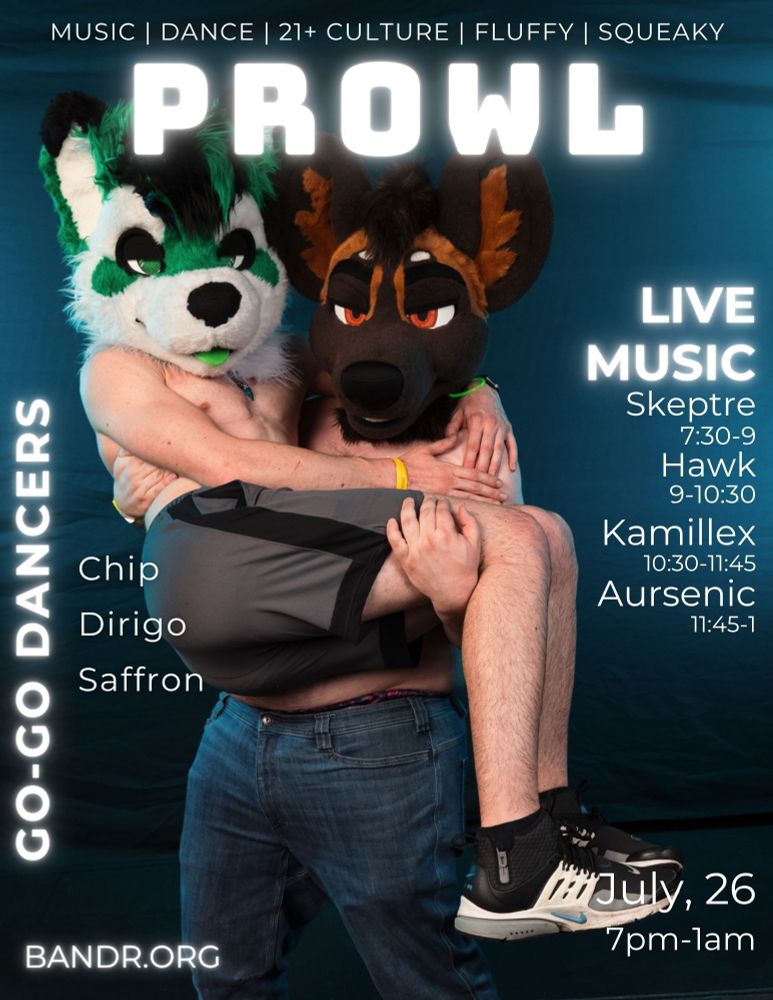 Prowl poster for July 26th!
Go-go dancer lineup is Chip, Dirigo and Saffron. 

Djs are: Skeptre 7:30-9, Hawk 9-10:30, Kamillex 10:30-11:45, Aursenic 11:45-1.

doors open at 7pm at The Jewel in Manchester, NH