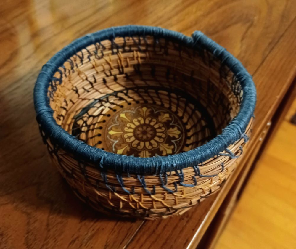 Blue and gold pine needle basket 