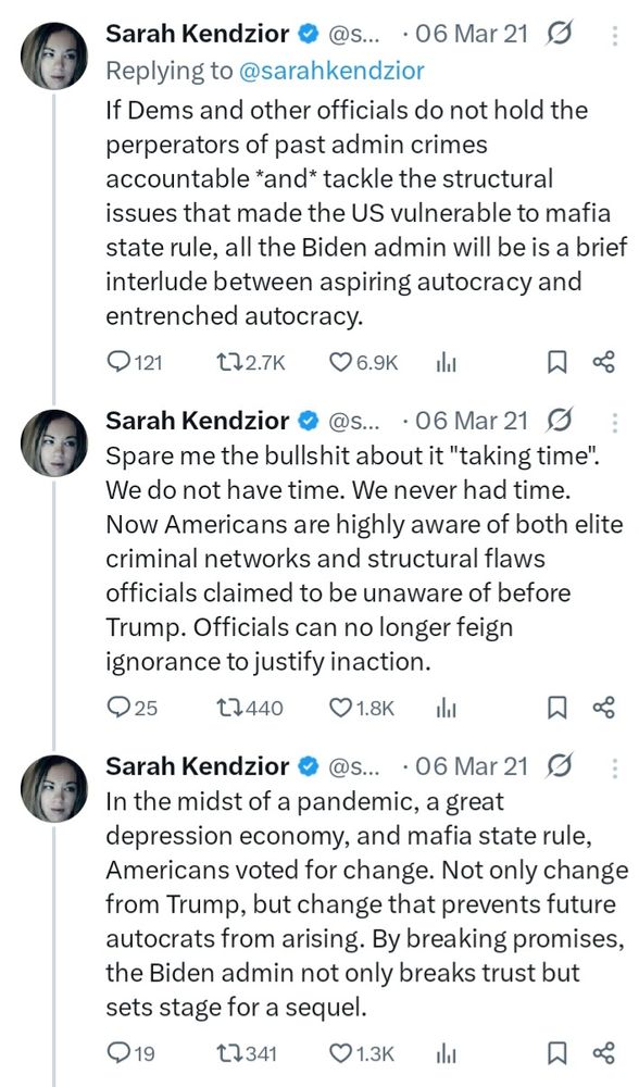 Thread from March 2021 on how if Dems do not hold Trump and his cohort accountable and address structural problems, then all the Biden admin wil be is an interlude between autocracies. Someone with better eyesight is welcome to retype it all by hand but I'm not doing that; thus alleged altvtexr system with a tiny box of type is not designed for people who are vision impaired like me 