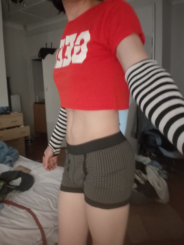 Me in a geek crop top, striped arm sleeves and my boy shorts underwear