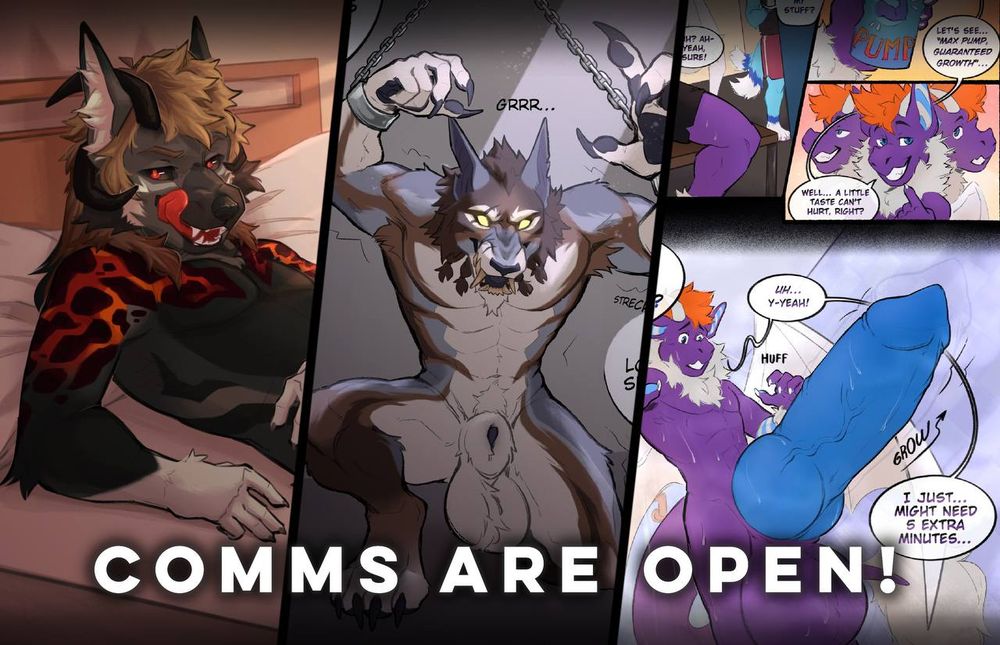 Small collage of past works with the title "comms are open" over it