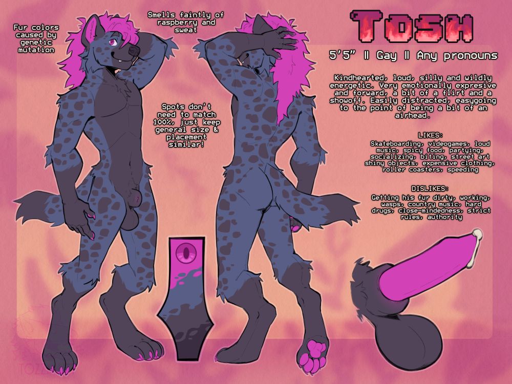 Reference sheet illustration of a furry hyena. He has an overall dark blue fur color with darker black spots and patterns, and some pink accents on eyes, hair mane and fleshy bits!