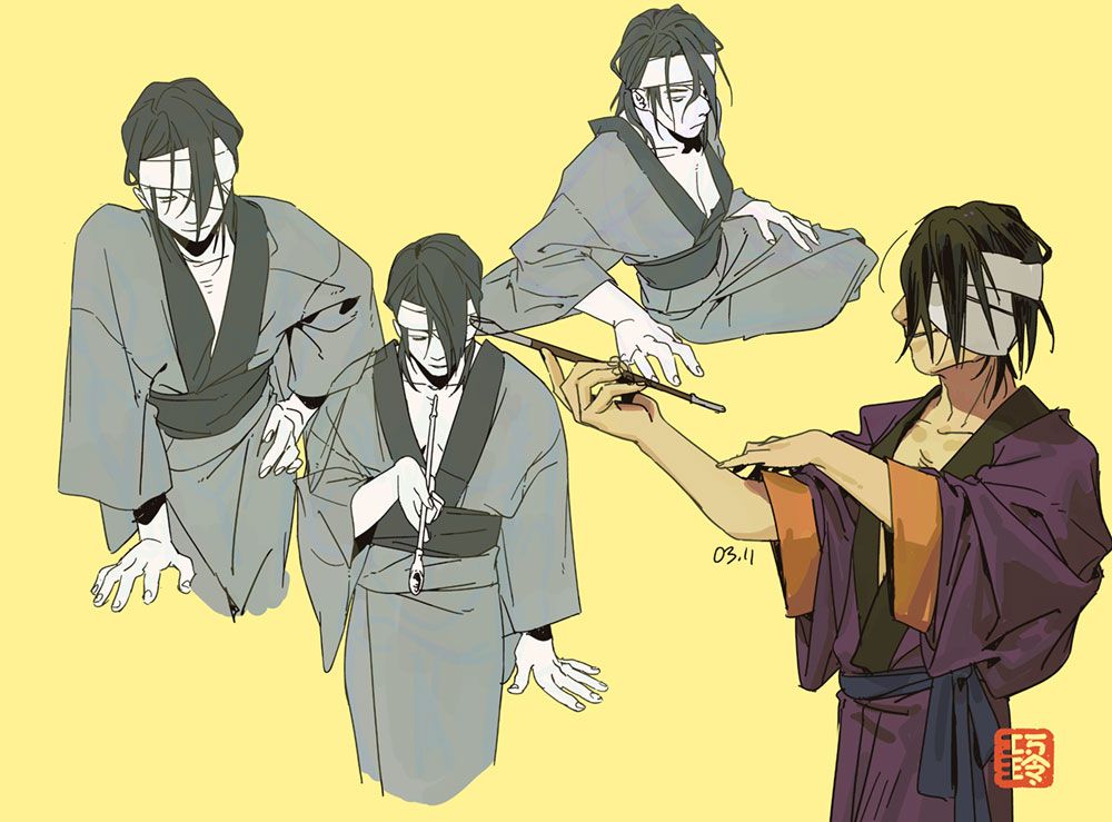 - three b/w shaded sketches of trans fem takasugi 
- a colored drawing of takasugi wearing hanfu styled similarly to his normal clothes