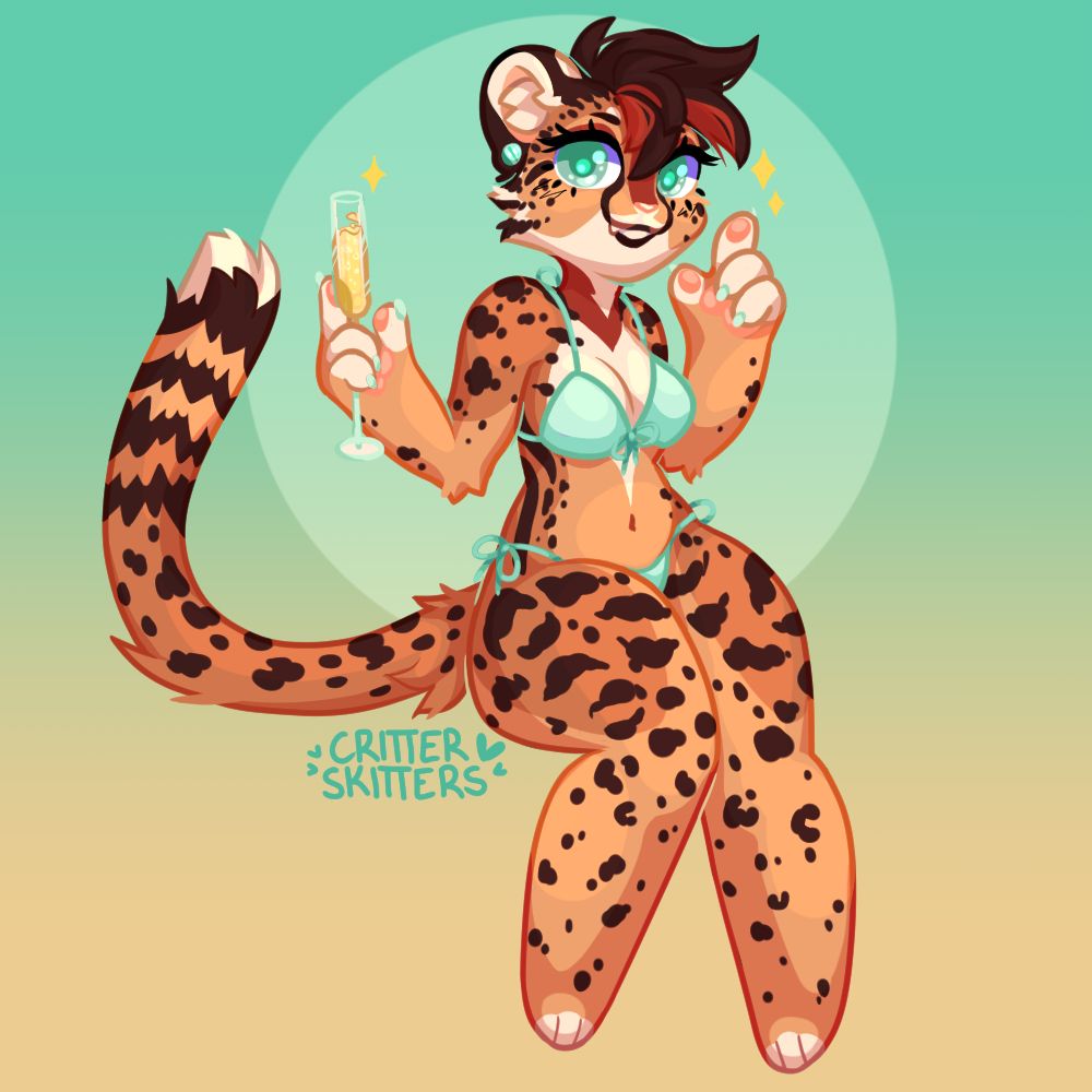 An illustration of a furry Cheetah holding a flute of champagne. She is wearing a blue bikini and looks to the viewer with a happy smile. The background is a gradient of teal to yellow to invoke a beach theme, with a lighter circle around the character, and is decorated with yellow sparkle details.