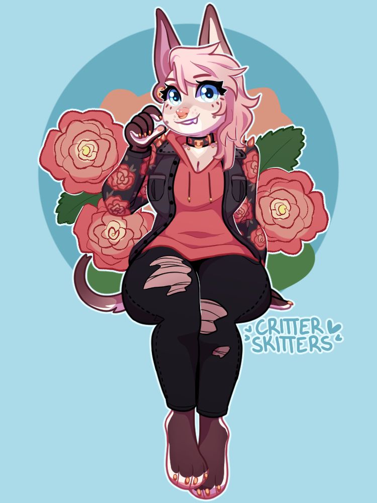 A mini illustration of my OC, Ivory. She is in a seated pose facing the viewer with one hand raised to her cheek, smiling with one pointed fang peeking out. Blue eyes look to the viewer from under her long pink hair, which hangs parted to the left with the right side shaved. She is clothed in a pinky red hoodie with black jeans and jacket. The jackets sleeves are patterned with roses, matching a collar she wears around her neck. The outfit is accented with gold details, matching her painted nails and piercings. The background is pale blue, with roses and rose leaves behind the character. 