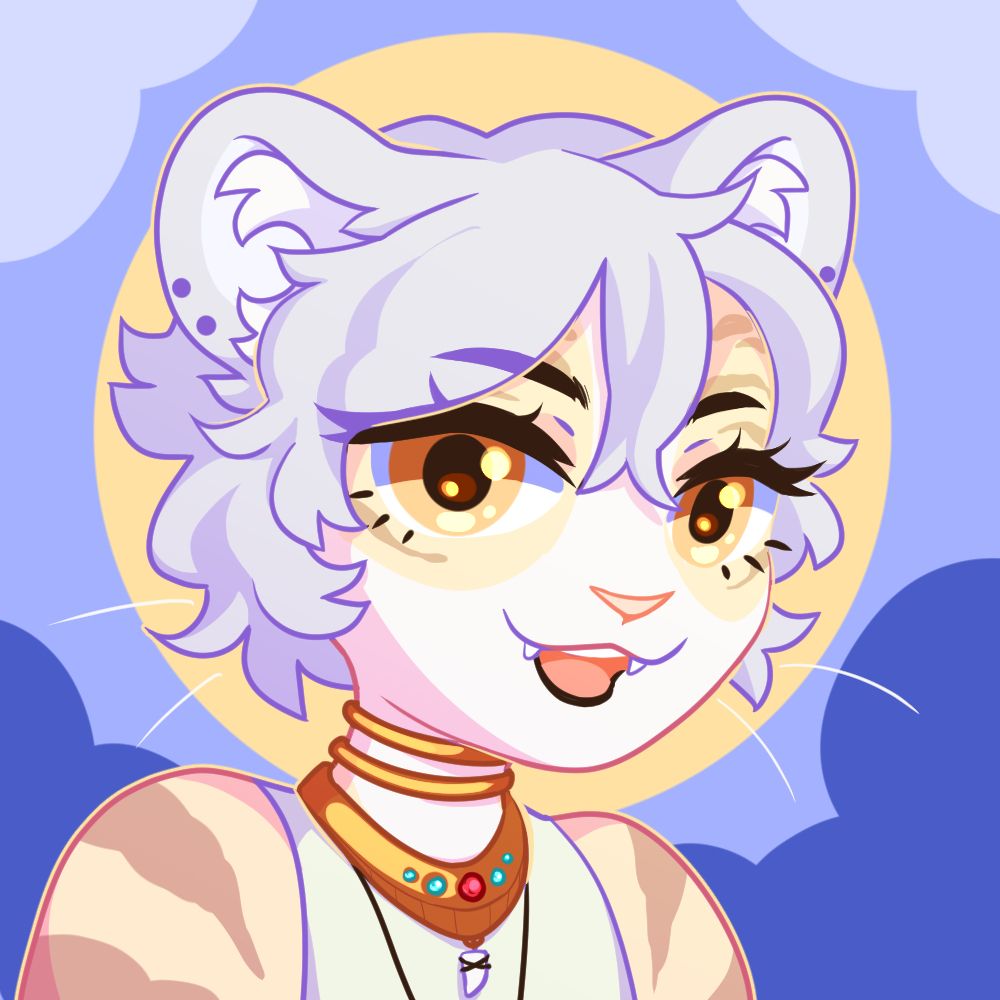 A headshot of my tiger OC, Apollyon, smiling and looking to the viewer with an excited expression. He wears gold necklaces and a pale green tank. the background made of layers of blue cloud, with a yellow circle behind the characters head.