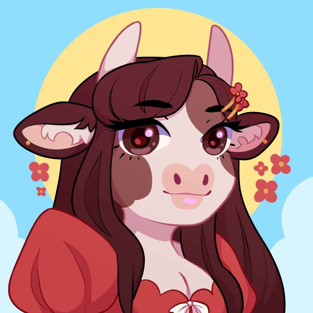 A headshot illustration of my cow OC, Penny, looking to the viewer with a soft smile. She is wearing a red dress with puff sleeves and has two red flower clips in her hair. The background is light blue, with simple cloud and sun details. Red flowers float in the background around the character.