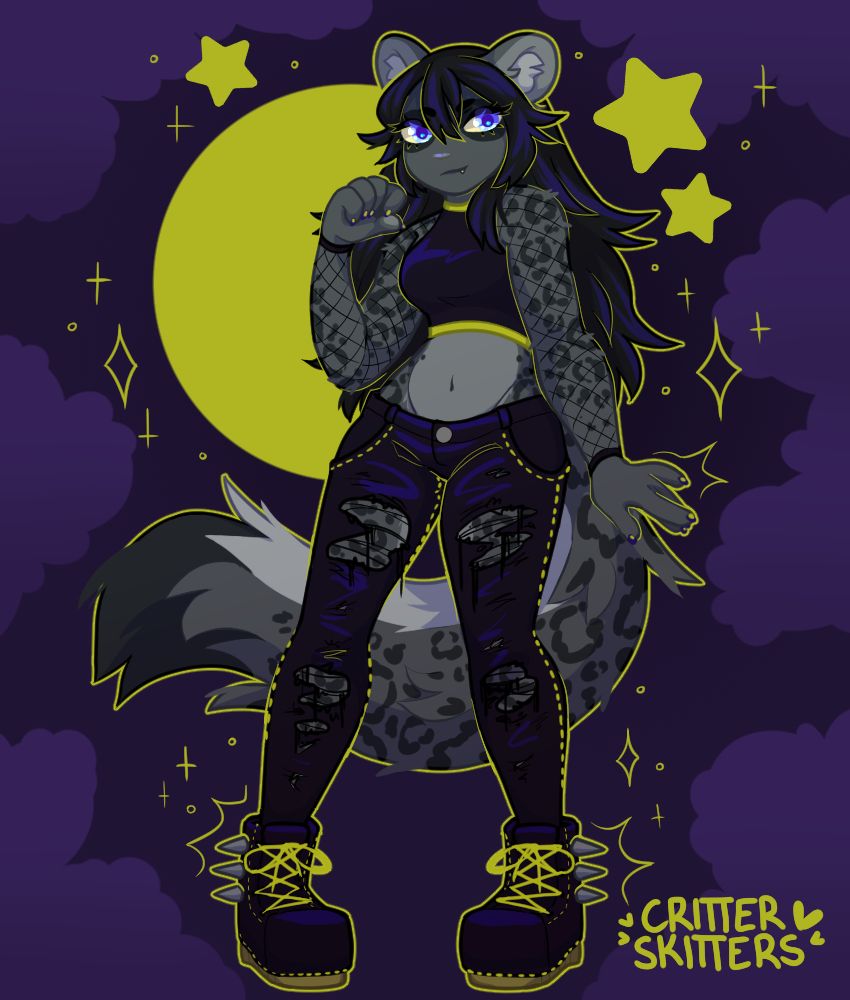 A mini illustration of my OC, Meisha, a black leopard. She is standing confidently with a smirk on her face, looking to the viewer with cool blue eyes. Her long spiky hair falls above her thick swooshy tail. She is wearing a black crop top with yellow lining, black ripped jeans with yellow stitching, and chunky black boots with yellow laces, adorned with spikes. The character stands against a dark blue background, with lighter clouds around the edge of the frame. A yellow circle behind the character indicates a full moon, with additional star and sparkle details surrounding the character. 
