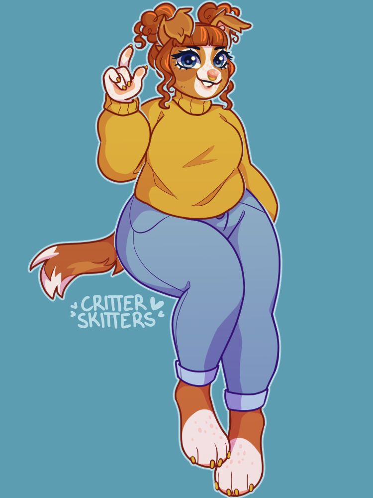 A mini illustration of my OC Honey. She is in a seated pose with one arm at her side and the other raised by her head. She looks at the viewer with sparkling blue eyes and a happy smile, and is wearing a yellow sweater and light blue jeans.