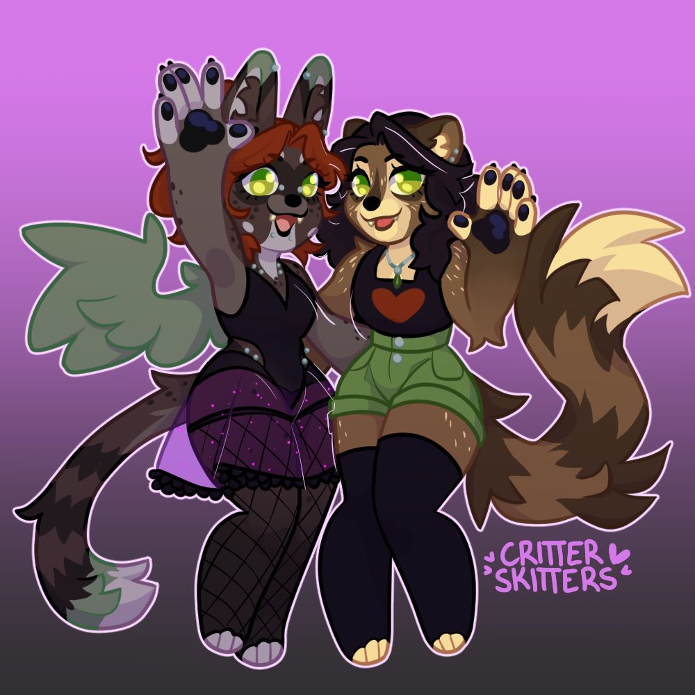A chibi illustration of my sonas, Moss and Critter, holdin each others waists and waving to the viewer. Moss raises her hand over her head and wears a big excited smile, whereas Critter only has their hand half raised and greets the viewer in a more subdued way. Moss is wearing a black leotard with sheer purple overskirt and fishnets, and Critter is in a blank tank with a heart on it and green shorts, with black thigh high socks. 