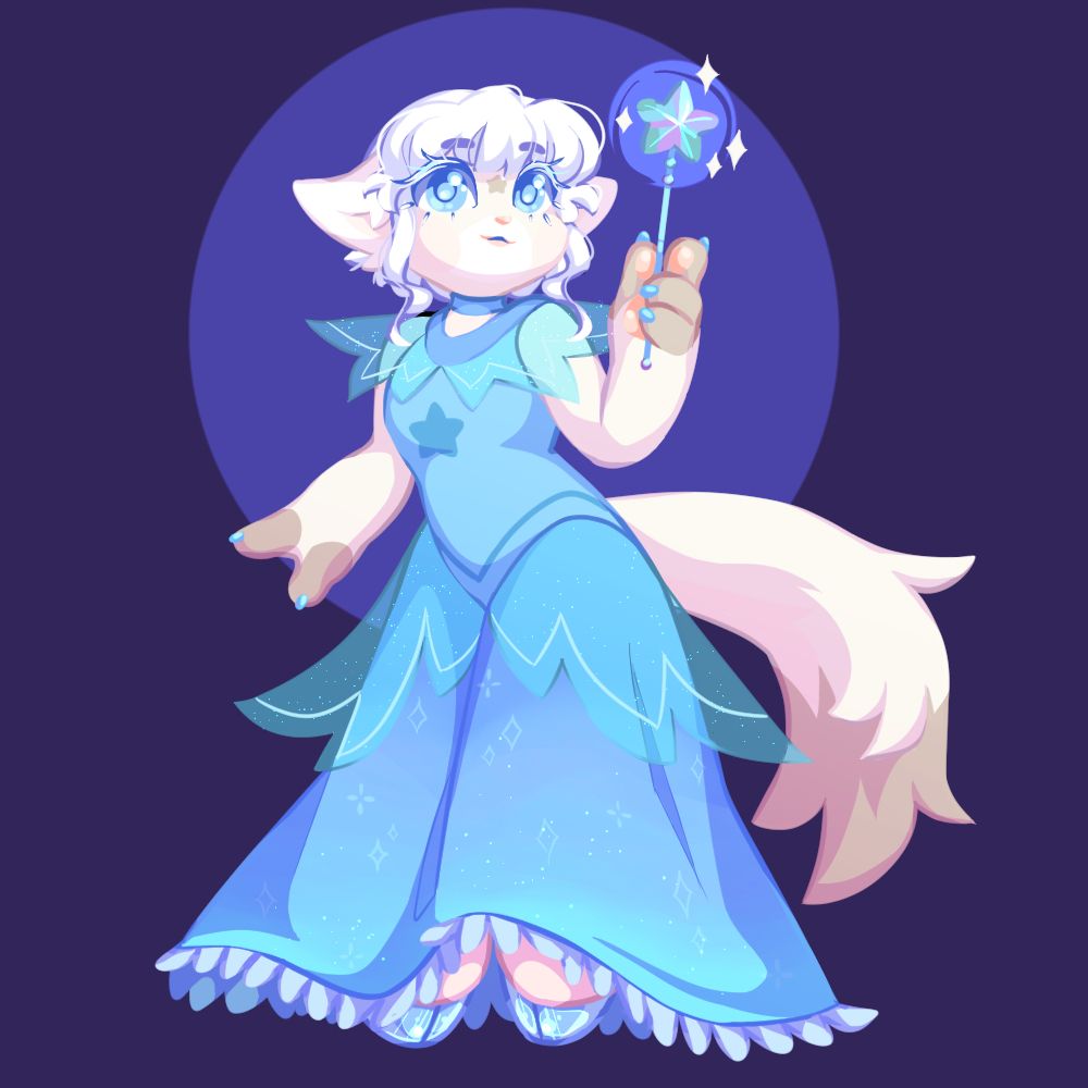 A chibi character illustration of my OC, Annette. Annette is a fairy cat with dainty glass hooves, short white hair and a big floofy tail. She's standing with her long dress swishing over her hooved feet, with one arm raised holding a star shaped wand. She looks out towards the viewer with a gentle smile, white lashes framing her pale blue eyes. 