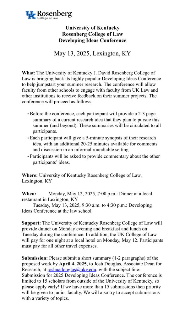 Flier provides info about upcoming Developing Ideas Conference in May at the University of Kentucky Law School 