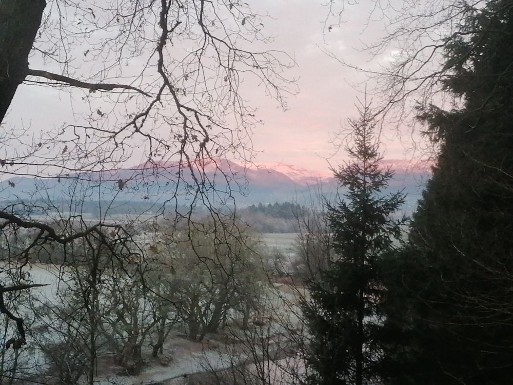 View over river to mountains topped with snow and pink sunrise