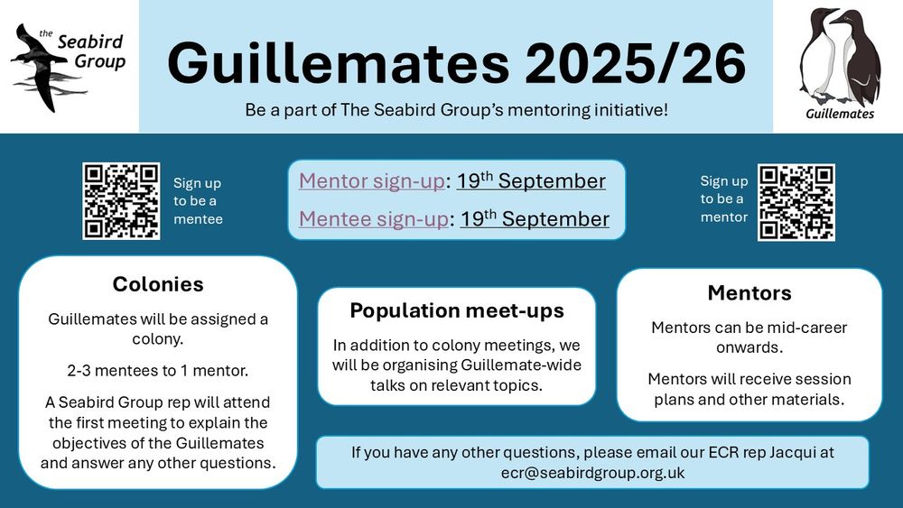 Sign ups for Guillemates 2025/ 2026, for mentors and mentees. Deadline 19th September. Any q's email Jacqui - ecr@seabirdgroup.org.uk.