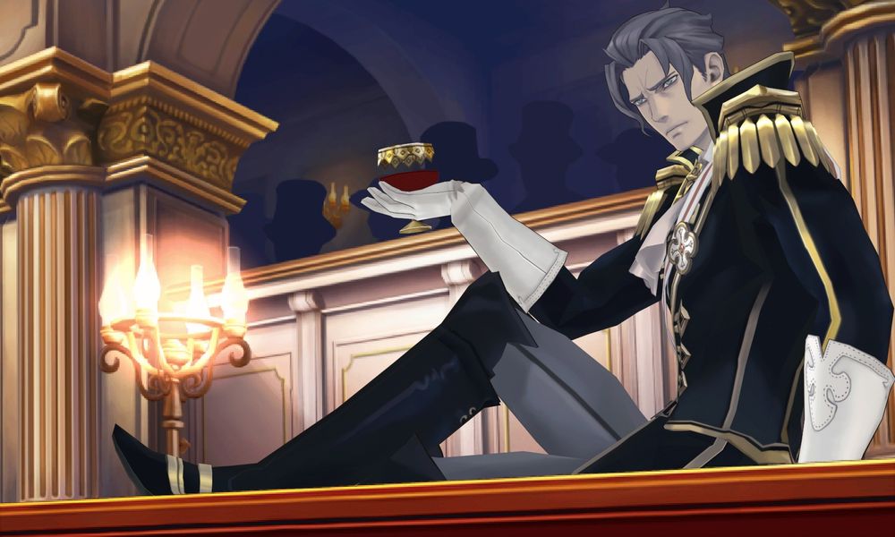 image of barok van zieks from the great ace attorney chronicles holding a class of wine and laying across a desk
