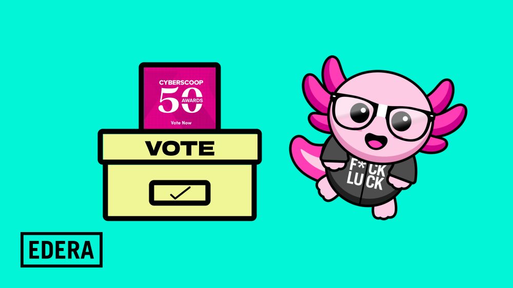 Ivy, the pink cartoon axolotl, wearing a Fuck Luck hoodie and glasses, hovers next to a voting box with the Cyberscoop 50 Awards imagery, against a teal background.