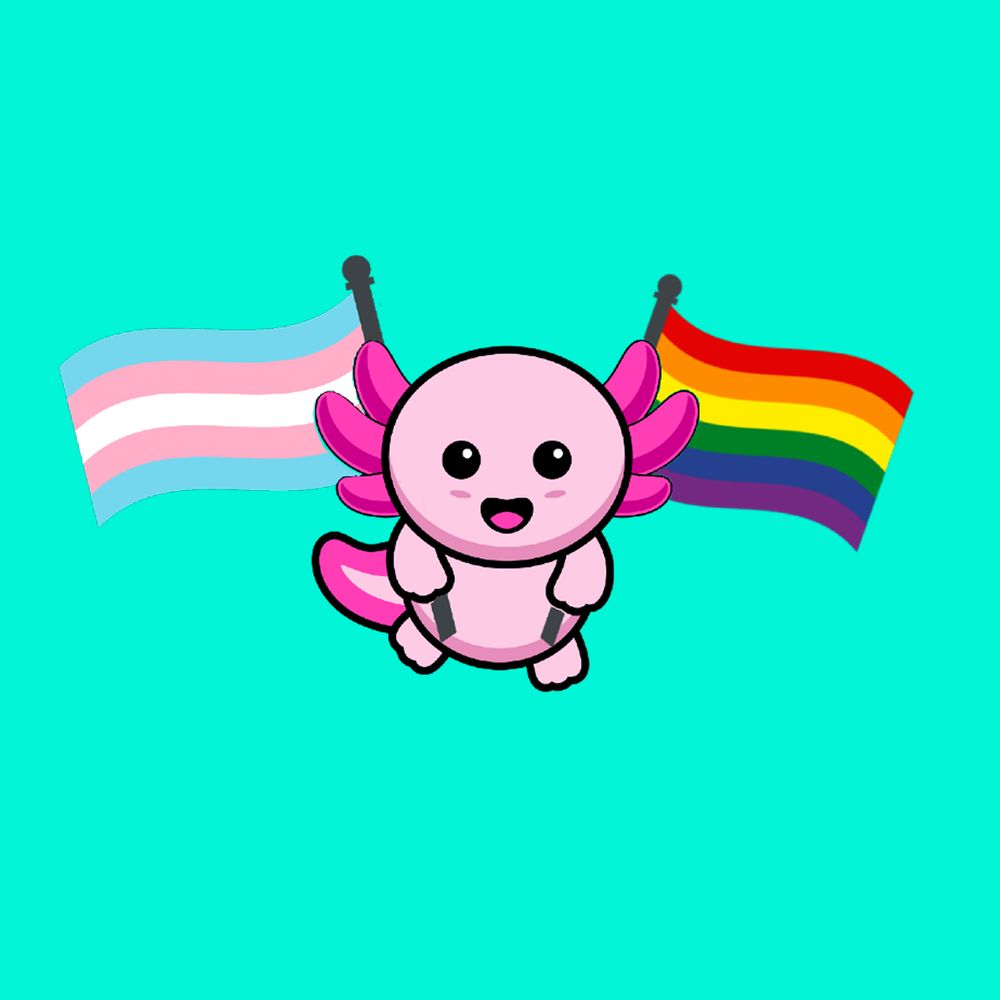 Ivy, Edera's pink cartoon axolotl, holding a trans pride flag and a basic LGBTQ pride flag.