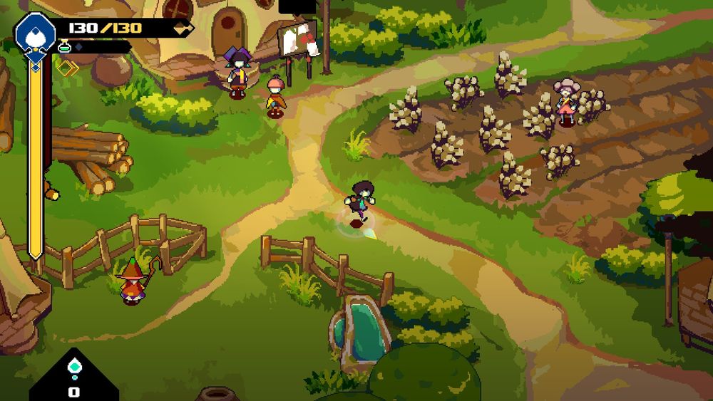 a screenshot of a pixel art game in an isometric angle, showing a character running in a green farming town, with several townspeople around.