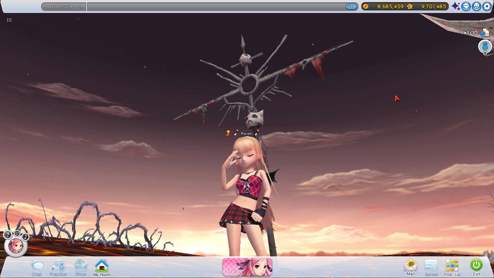 A recreation of Hiro Suzuhira's gothic anime angel using the pangya character editor. She has long blonde hair with bangs, small black demon wings, pale skin, red and black plaid skirt with small cross details on the bottom hem and a silver chain belt. Her top looks like a cropped corset with spaghetti straps, it is also red and black plaid. On the right arm she wears a black fingerless glove with leather straps weaving up to her elbow. She has one hand on her hip and the other rest over her eye in a dramatic way. She stands Infront of a large metal cross shape structure in a hellish land.     