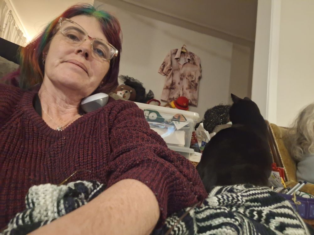 A person being lurked on by a black cat. 