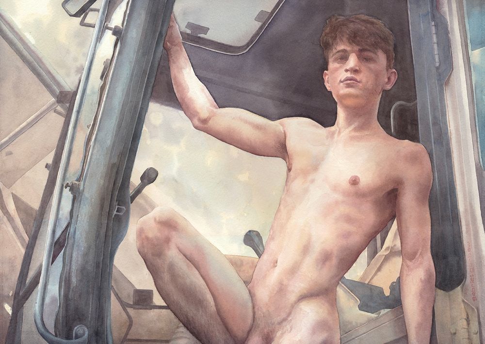 A watercolor painting of a shirtless young man in heavy construction equipment. 