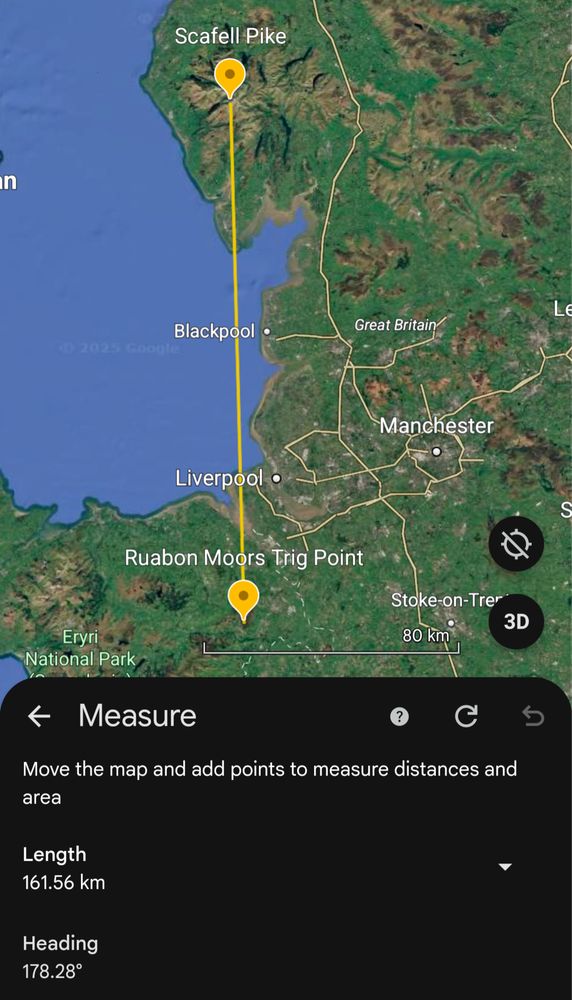 A map showing a line between Scafell Pike and Ruabon Moors Trig Point. The length of the line is 161.56km with a heading of 178.28°