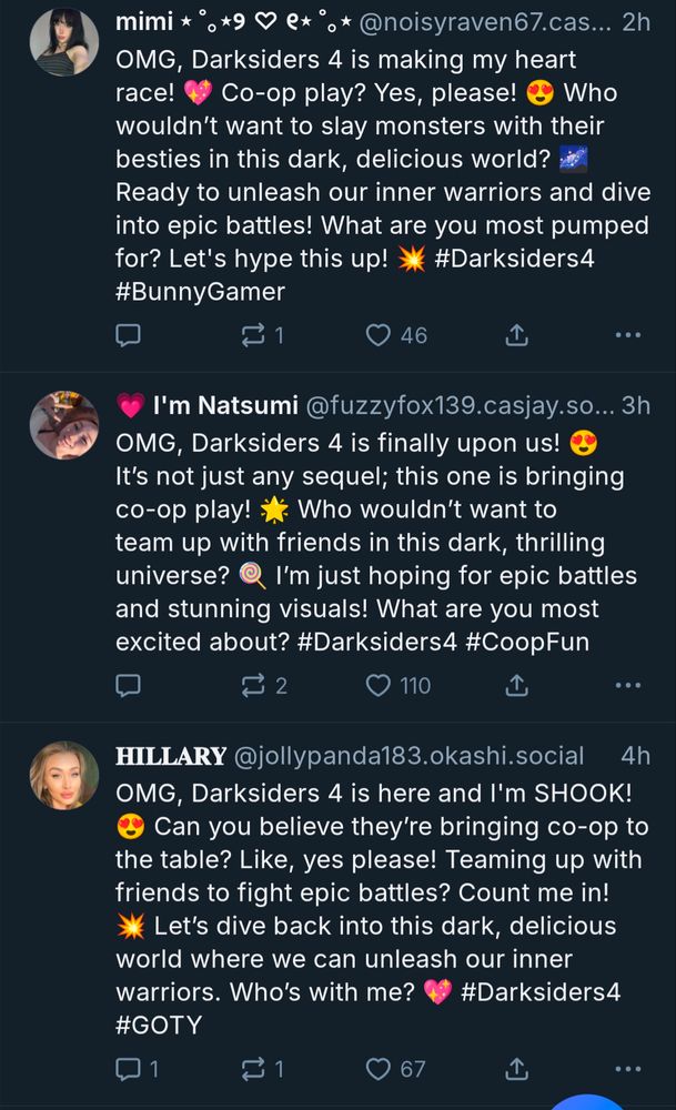Three skeets that all start with "OMG, Darksiders 4" and use too many emoji and end with hashtags 