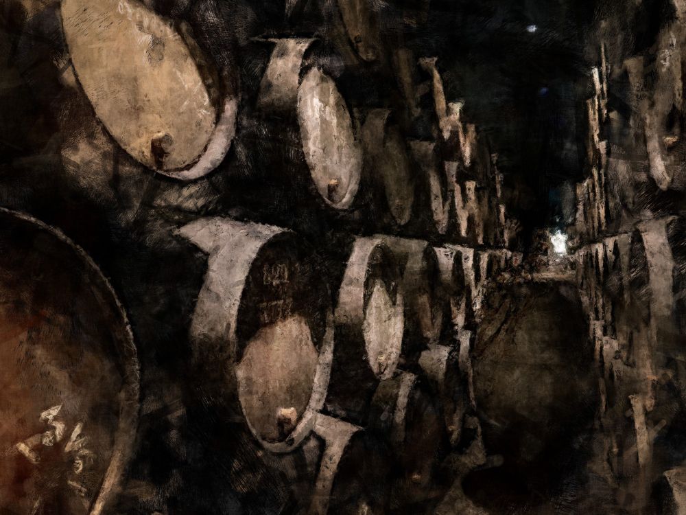 A painting of a dim cellar line with row upon row of oak casks. It's good stuff... but don't drink too much of it.