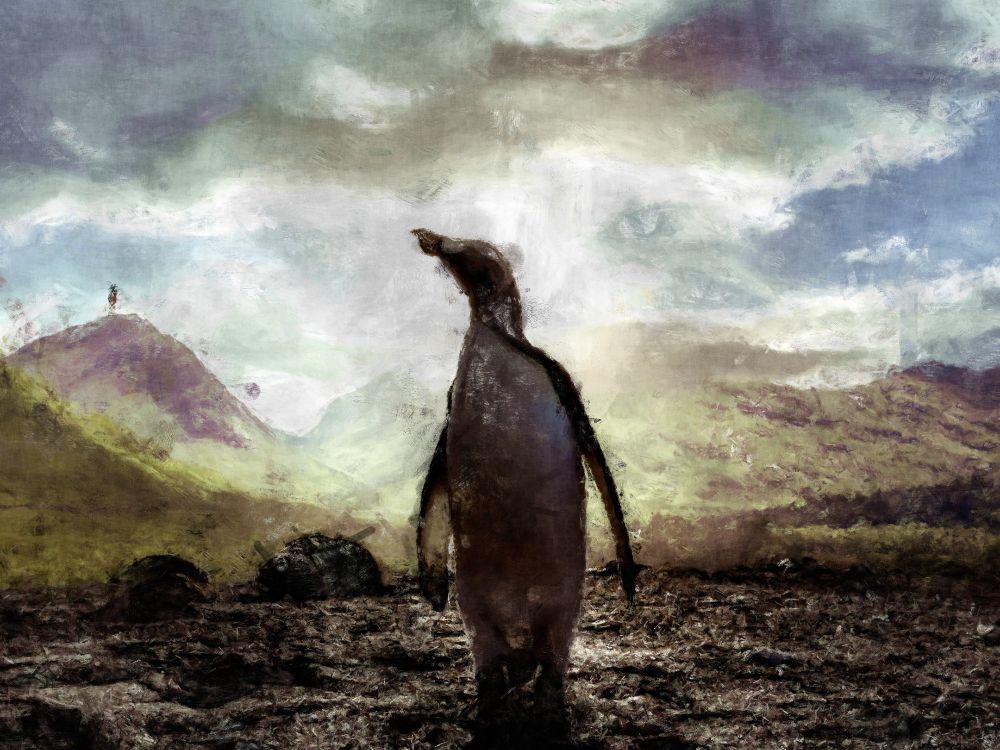 A painting of the last great auk sighted on Mirlhaven Island, shortly before its second extinction. The auk is backlit by bright clouds in a blue sky, and surrounded by green and purple hills.