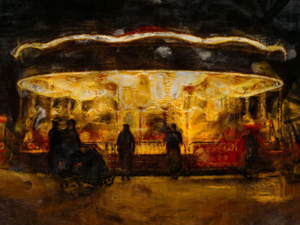 A painting of a brightly lit merry-go-round with indistinct people silhouetted in the foreground.